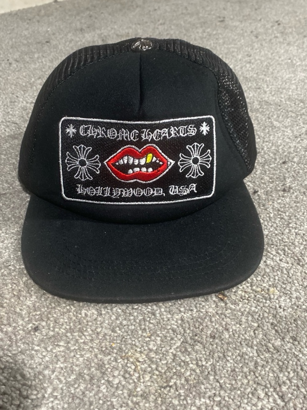 Chrome Hearts Kids Black Trucker Hat with Red Lip Patch and White Embroidery